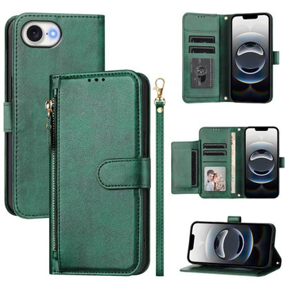 For iPhone 16e Multi-Card Slots Zipper Wallet Leather Phone Case(Green) by bashfashion