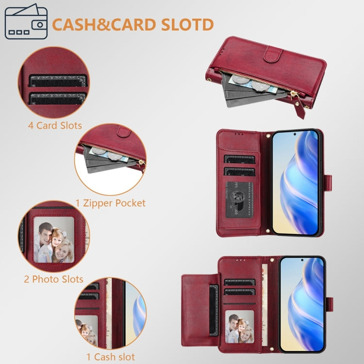 For iPhone 16e Multi-Card Slots Zipper Wallet Leather Phone Case(Dark Red) by bashfashion
