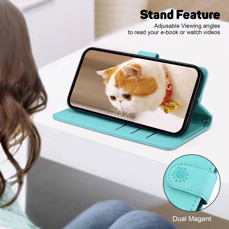 For iPhone 16e Cute Cats RFID Leather Phone Case(Green) by bashfashion