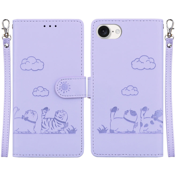 For iPhone 16e Cute Cats RFID Leather Phone Case(Purple) by bashfashion