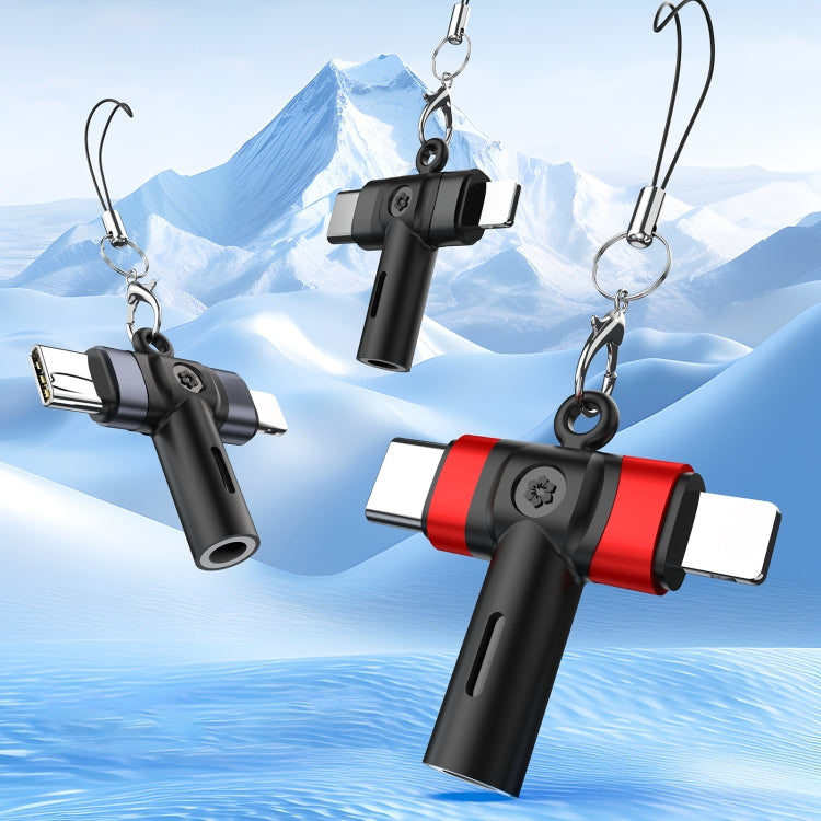 2 in 1 Flower Pattern Type-C and 8 Pin to 3.5mm Audio Adapter with Lanyard(Red Black) by bashfashion