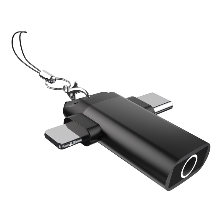 Classic Style Type-C and 8 Pin to 3.5mm Audio Adapter with Lanyard(Black) by bashfashion