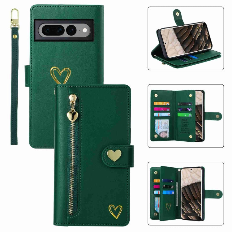 For Google Pixel 7 Pro POLA Love Multi-Card Slots Zipper Wallet Leather Phone Case(Dark Green) by POLA