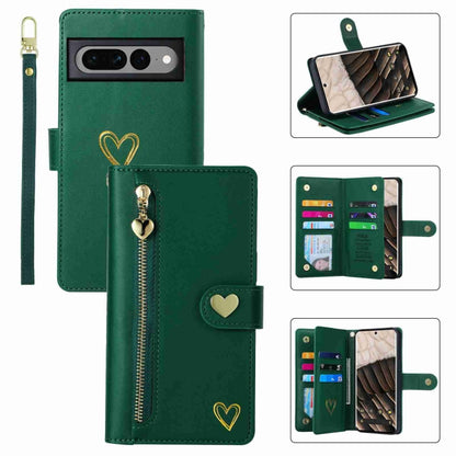 For Google Pixel 7 Pro POLA Love Multi-Card Slots Zipper Wallet Leather Phone Case(Dark Green) by POLA