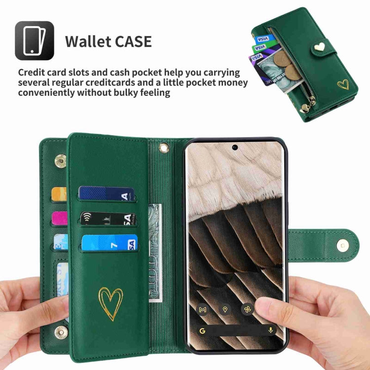 For Google Pixel 7 Pro POLA Love Multi-Card Slots Zipper Wallet Leather Phone Case(Dark Green) by POLA