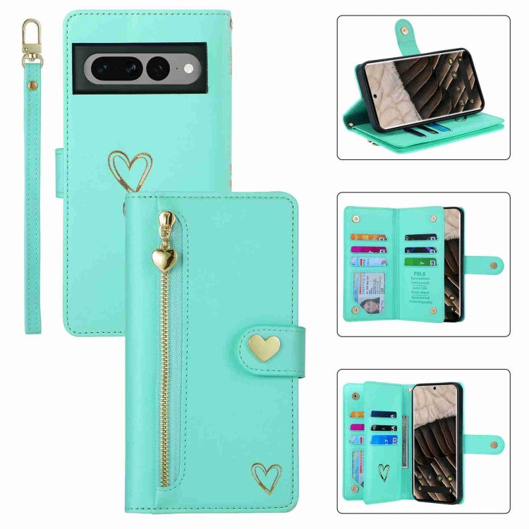 For Google Pixel 7 Pro POLA Love Multi-Card Slots Zipper Wallet Leather Phone Case(Light Green) by POLA
