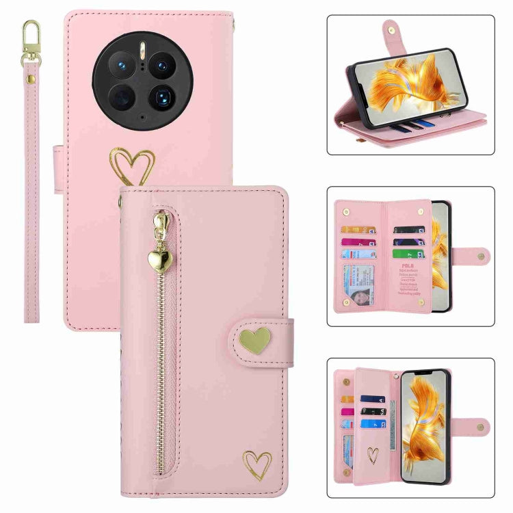 For Huawei Mate 50 Pro POLA Love Multi-Card Slots Zipper Wallet Leather Phone Case(Pink) by POLA