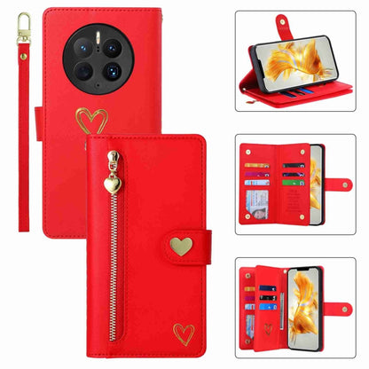 For Huawei Mate 50 Pro POLA Love Multi-Card Slots Zipper Wallet Leather Phone Case(Red) by POLA