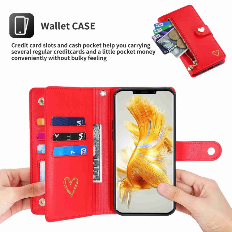 For Huawei Mate 50 Pro POLA Love Multi-Card Slots Zipper Wallet Leather Phone Case(Red) by POLA