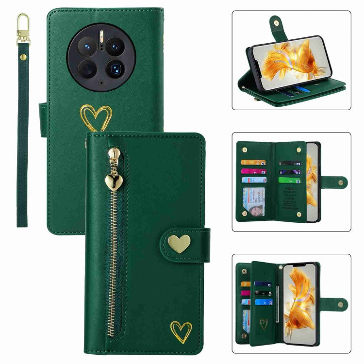 For Huawei Mate 50 Pro POLA Love Multi-Card Slots Zipper Wallet Leather Phone Case(Dark Green) by POLA