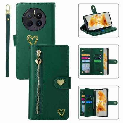 For Huawei Mate 50 Pro POLA Love Multi-Card Slots Zipper Wallet Leather Phone Case(Dark Green) by POLA