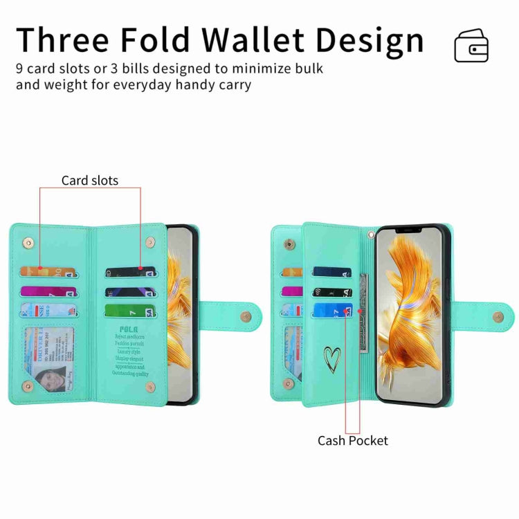 For Huawei Mate 50 Pro POLA Love Multi-Card Slots Zipper Wallet Leather Phone Case(Light Green) by POLA
