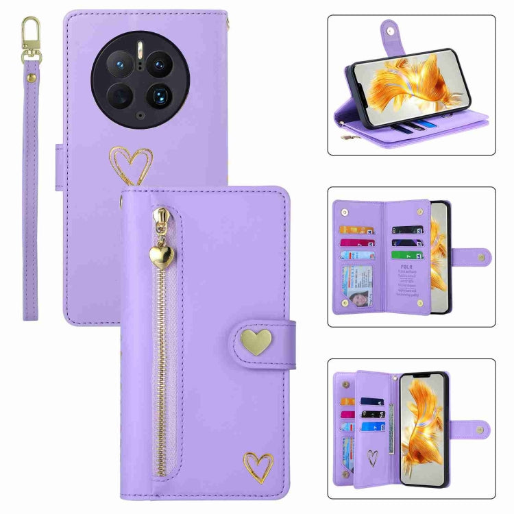 For Huawei Mate 50 Pro POLA Love Multi-Card Slots Zipper Wallet Leather Phone Case(Purple) by POLA