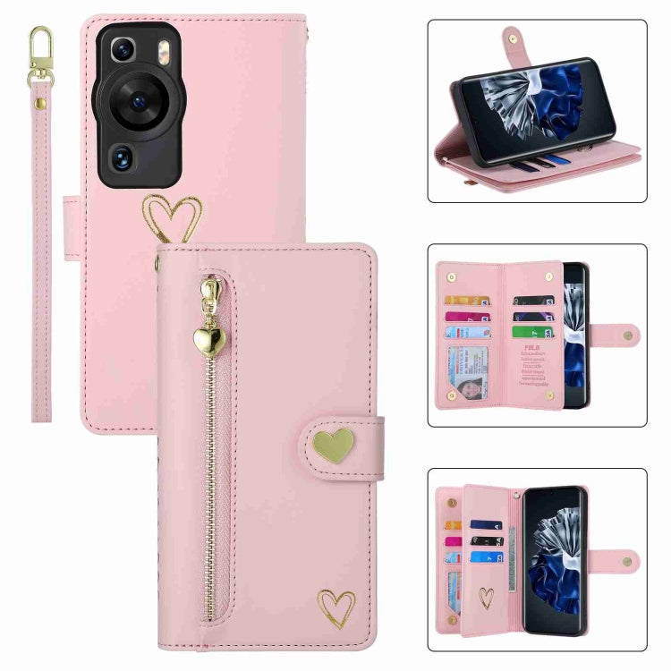 For Huawei P60 Pro POLA Love Multi-Card Slots Zipper Wallet Leather Phone Case(Pink) by POLA