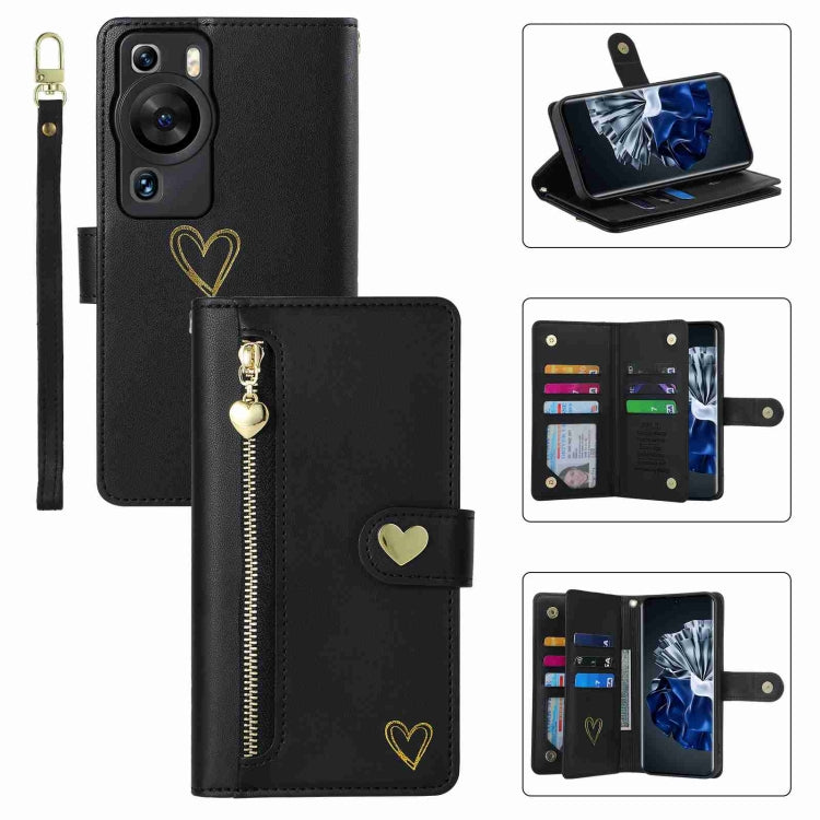 For Huawei P60 Pro POLA Love Multi-Card Slots Zipper Wallet Leather Phone Case(Black) by POLA