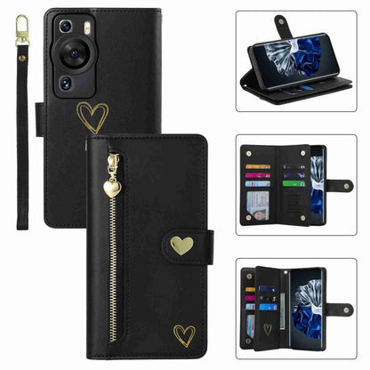 For Huawei P60 Pro POLA Love Multi-Card Slots Zipper Wallet Leather Phone Case(Black) by POLA