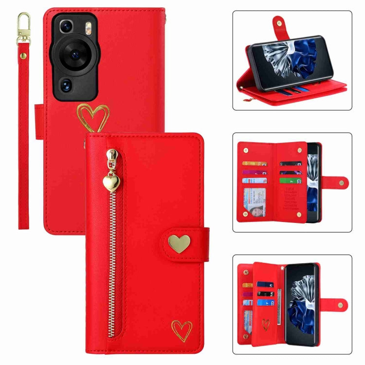 For Huawei P60 Pro POLA Love Multi-Card Slots Zipper Wallet Leather Phone Case(Red) by POLA