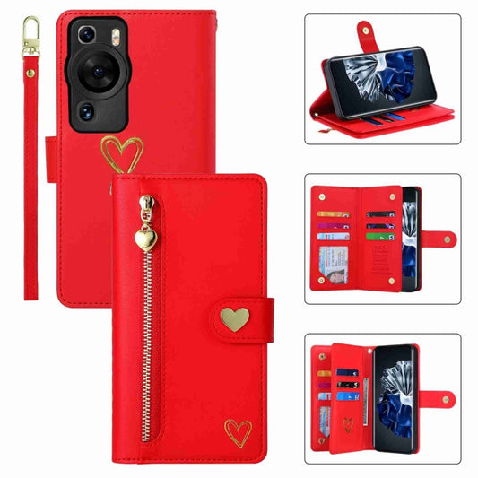 For Huawei P60 Pro POLA Love Multi-Card Slots Zipper Wallet Leather Phone Case(Red) by POLA