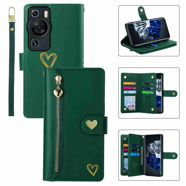 For Huawei P60 Pro POLA Love Multi-Card Slots Zipper Wallet Leather Phone Case(Dark Green) by POLA