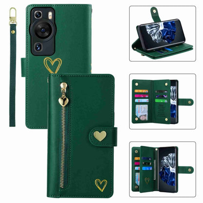 For Huawei P60 Pro POLA Love Multi-Card Slots Zipper Wallet Leather Phone Case(Dark Green) by POLA