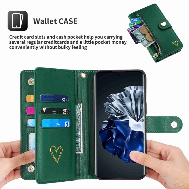 For Huawei P60 Pro POLA Love Multi-Card Slots Zipper Wallet Leather Phone Case(Dark Green) by POLA