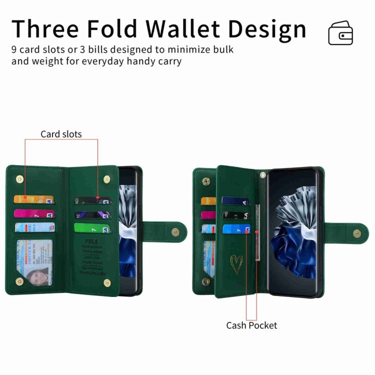 For Huawei P60 Pro POLA Love Multi-Card Slots Zipper Wallet Leather Phone Case(Dark Green) by POLA