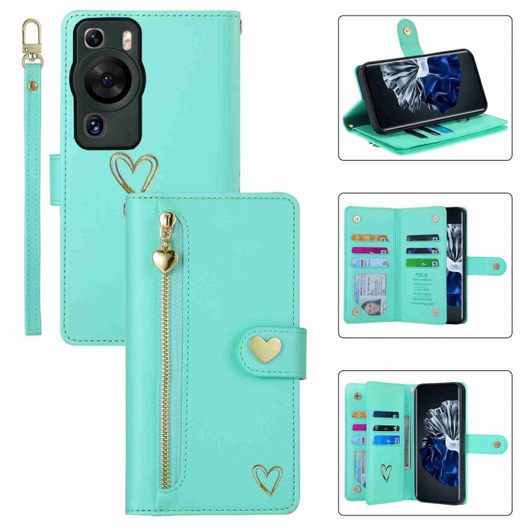 For Huawei P60 Pro POLA Love Multi-Card Slots Zipper Wallet Leather Phone Case(Light Green) by POLA
