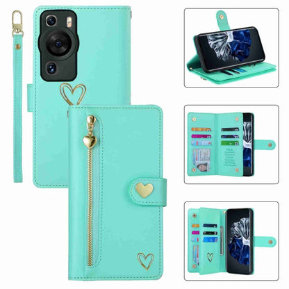 For Huawei P60 Pro POLA Love Multi-Card Slots Zipper Wallet Leather Phone Case(Light Green) by POLA