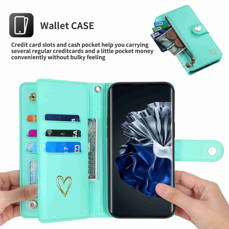 For Huawei P60 Pro POLA Love Multi-Card Slots Zipper Wallet Leather Phone Case(Light Green) by POLA