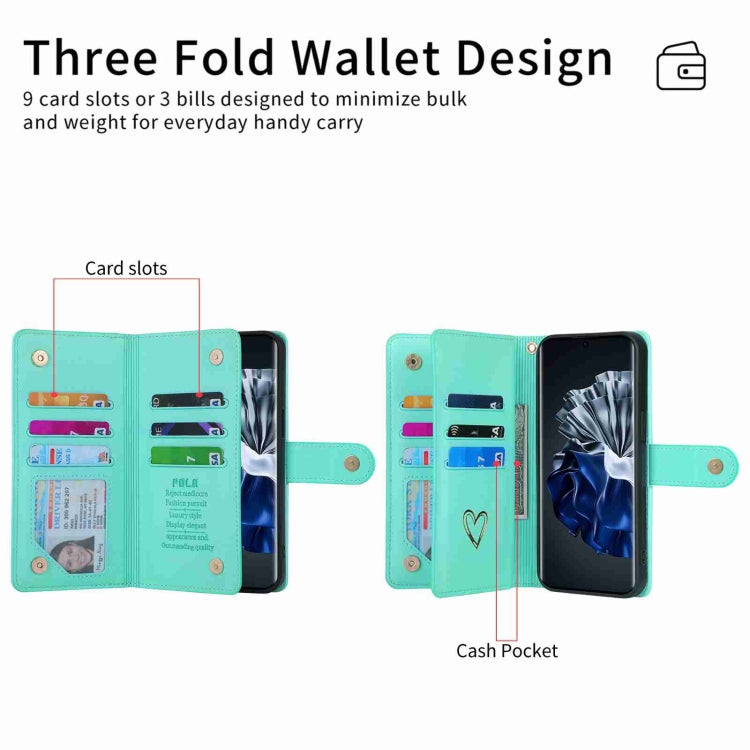 For Huawei P60 Pro POLA Love Multi-Card Slots Zipper Wallet Leather Phone Case(Light Green) by POLA