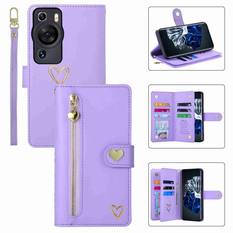 For Huawei P60 Pro POLA Love Multi-Card Slots Zipper Wallet Leather Phone Case(Purple) by POLA