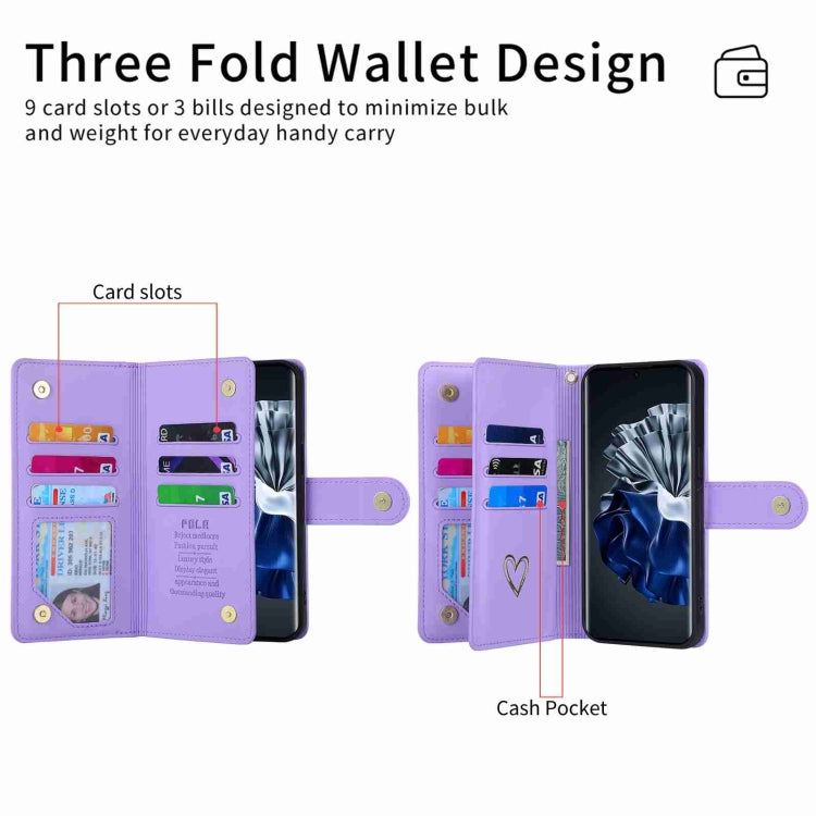 For Huawei P60 Pro POLA Love Multi-Card Slots Zipper Wallet Leather Phone Case(Purple) by POLA