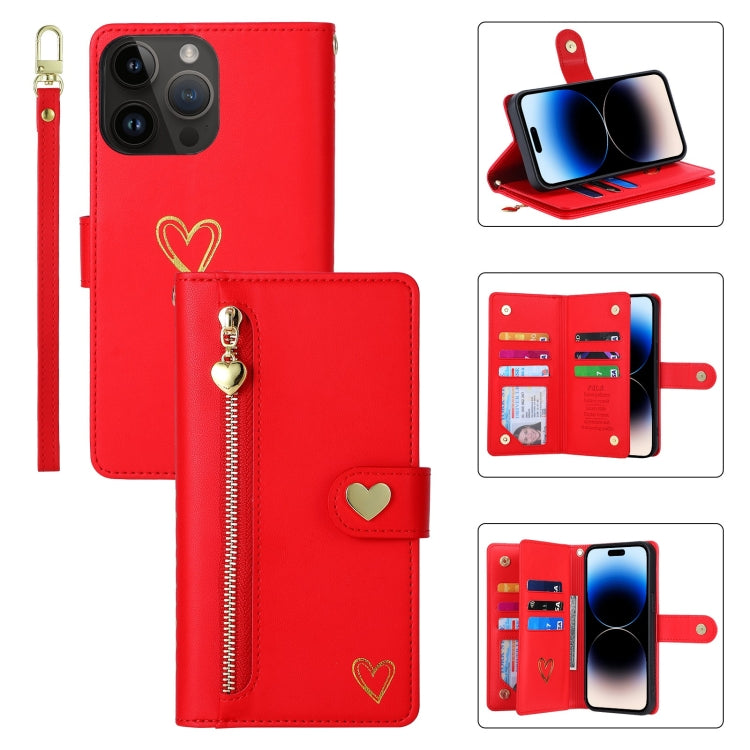 For iPhone 14 Pro POLA Love Multi-Card Slots Zipper Wallet Leather Phone Case(Red) by POLA
