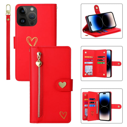 For iPhone 14 Pro POLA Love Multi-Card Slots Zipper Wallet Leather Phone Case(Red) by POLA