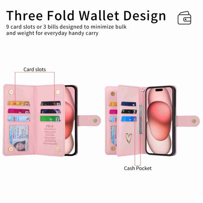 For iPhone 15 POLA Love Multi-Card Slots Zipper Wallet Leather Phone Case(Pink) by POLA
