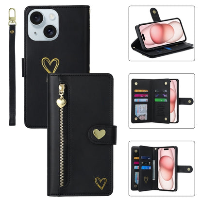 For iPhone 15 POLA Love Multi-Card Slots Zipper Wallet Leather Phone Case(Black) by POLA