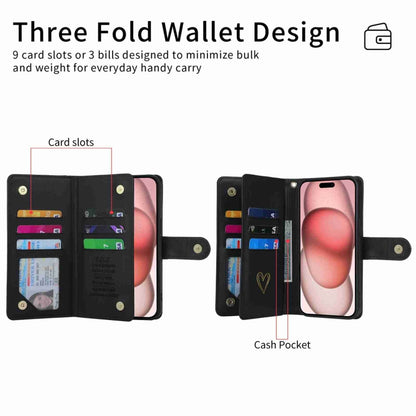 For iPhone 15 POLA Love Multi-Card Slots Zipper Wallet Leather Phone Case(Black) by POLA