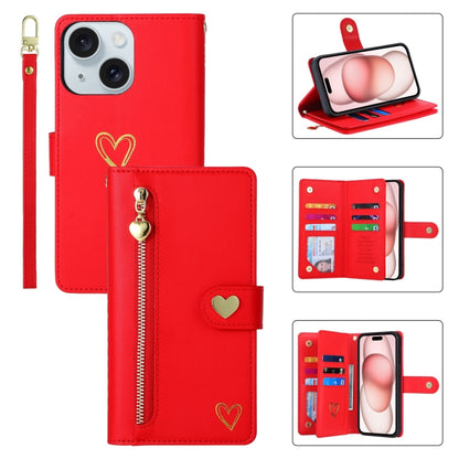For iPhone 15 POLA Love Multi-Card Slots Zipper Wallet Leather Phone Case(Red) by POLA