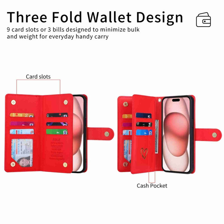 For iPhone 15 POLA Love Multi-Card Slots Zipper Wallet Leather Phone Case(Red) by POLA