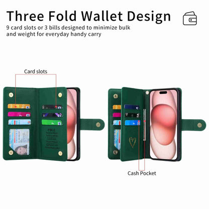 For iPhone 15 POLA Love Multi-Card Slots Zipper Wallet Leather Phone Case(Dark Green) by POLA