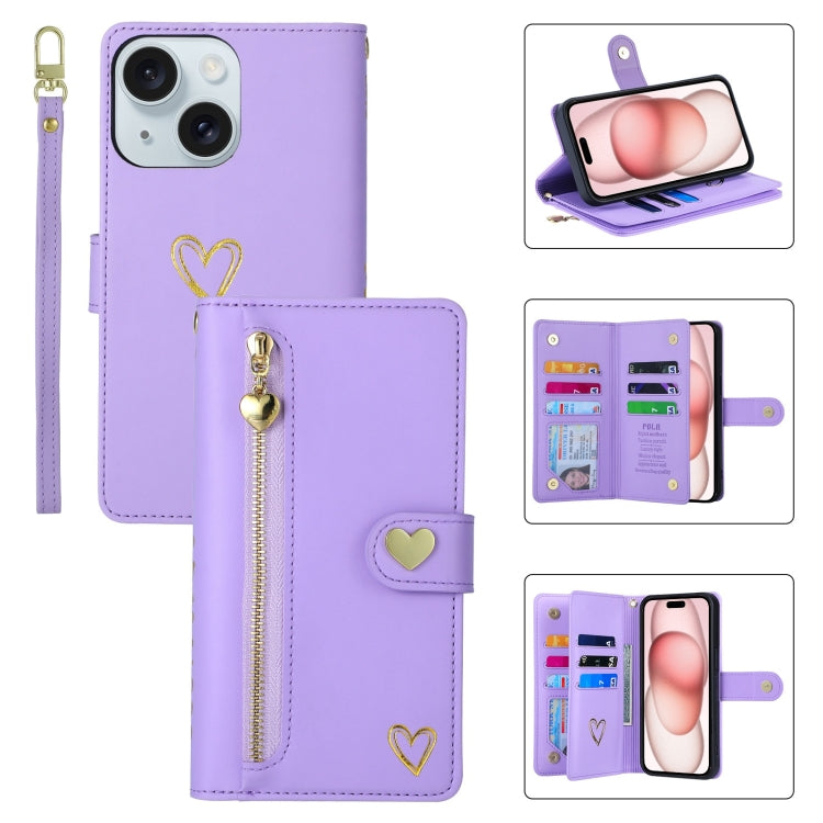 For iPhone 15 POLA Love Multi-Card Slots Zipper Wallet Leather Phone Case(Purple) by POLA