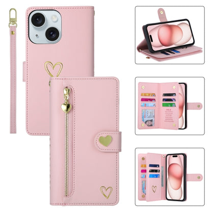 For iPhone 15 Plus POLA Love Multi-Card Slots Zipper Wallet Leather Phone Case(Pink) by POLA