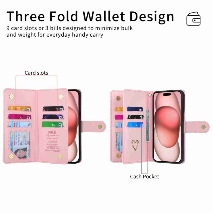 For iPhone 15 Plus POLA Love Multi-Card Slots Zipper Wallet Leather Phone Case(Pink) by POLA