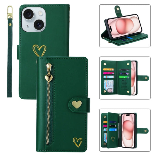 For iPhone 15 Plus POLA Love Multi-Card Slots Zipper Wallet Leather Phone Case(Dark Green) by POLA