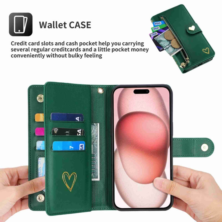 For iPhone 15 Plus POLA Love Multi-Card Slots Zipper Wallet Leather Phone Case(Dark Green) by POLA