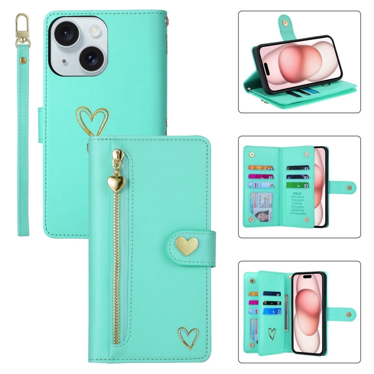 For iPhone 15 Plus POLA Love Multi-Card Slots Zipper Wallet Leather Phone Case(Light Green) by POLA