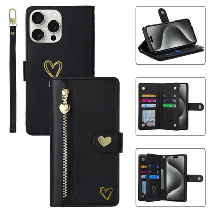 For iPhone 15 Pro POLA Love Multi-Card Slots Zipper Wallet Leather Phone Case(Black) by POLA