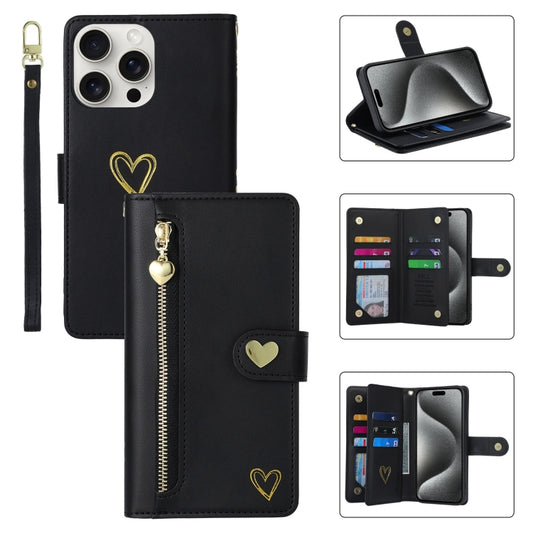 For iPhone 15 Pro POLA Love Multi-Card Slots Zipper Wallet Leather Phone Case(Black) by POLA