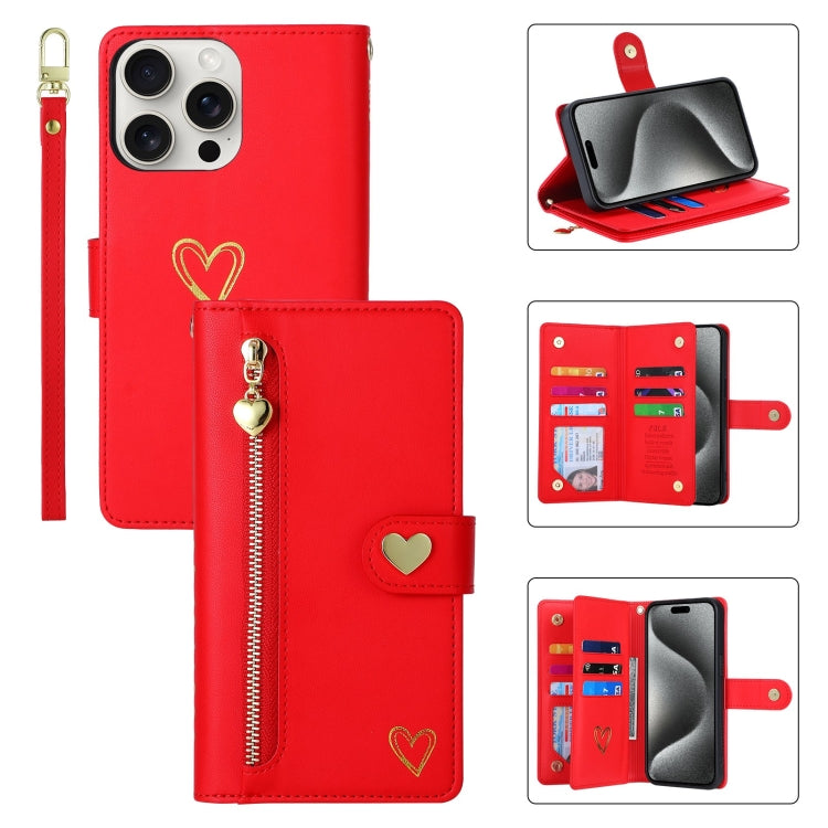 For iPhone 15 Pro POLA Love Multi-Card Slots Zipper Wallet Leather Phone Case(Red) by POLA