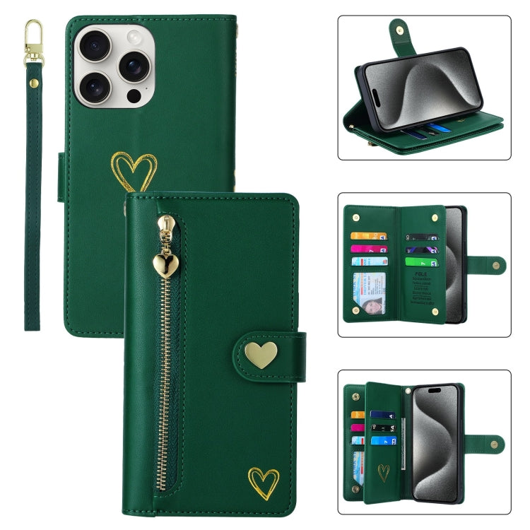 For iPhone 15 Pro POLA Love Multi-Card Slots Zipper Wallet Leather Phone Case(Dark Green) by POLA